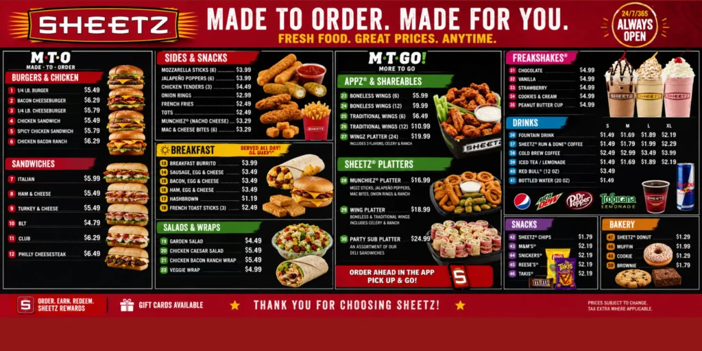 Sheetz Menu with Prices 2026 | ice cream, frozen lemonade 2 sheetz food prices and items menu